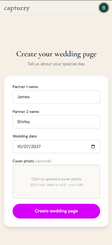 Create your wedding page form